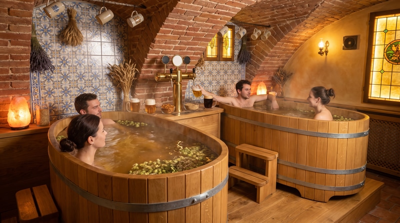 Interno di una spa esperienziale con tinozze in legno e illuminazione calda