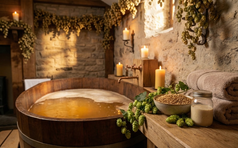 Beer spa with hops, yeast, and malt ingredients in a luxurious setting.