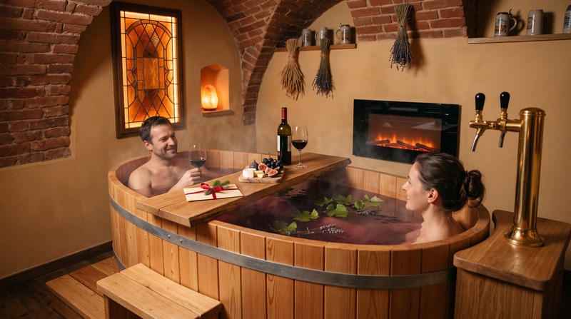 Cosy cellar interior of a beer spa with wooden oak tubs and warm lighting