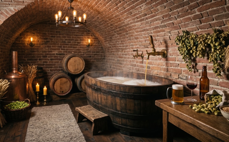 Brick-vault cellar of Lázně Pramen Dejvická with a hand-built oak tub, brass details and dimmed warm light – the reference interior of the Beer & Wine Spa concept