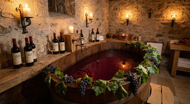 Luxury wine bath in an oak tub with grapes and candles