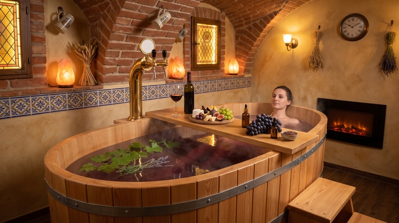 Reife Trauben an der Rebe neben einer Flasche Traubenkernöl - Rohstoffe für die Weinanwendungen eines Spa-Betriebs