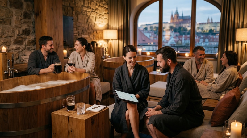 Luxurious spa setting with team-building activities and wellness treatments.